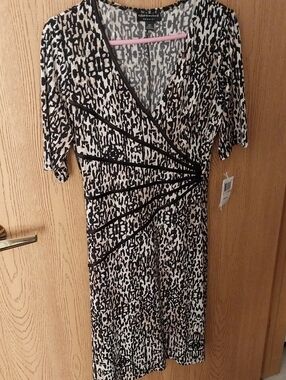 Calvin Klein Black and White Patterned Faux-Wrap Midi Dress